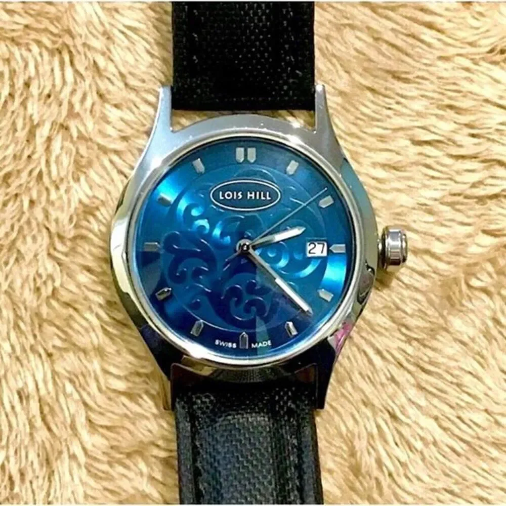 LOIS HILL Swiss Blue Round Face Watch with Black Leather Replacement Band